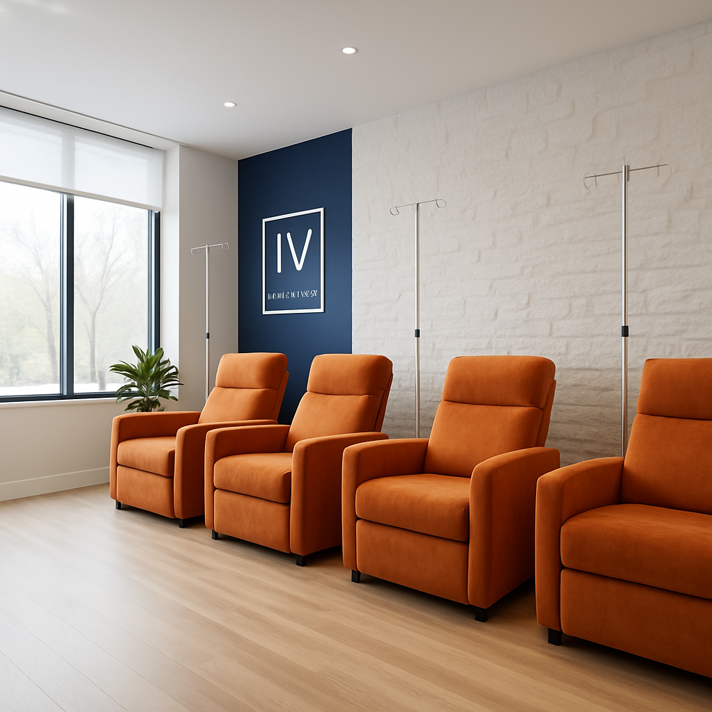 Prime IV Newport treatment lounge with orange recliner chairs
