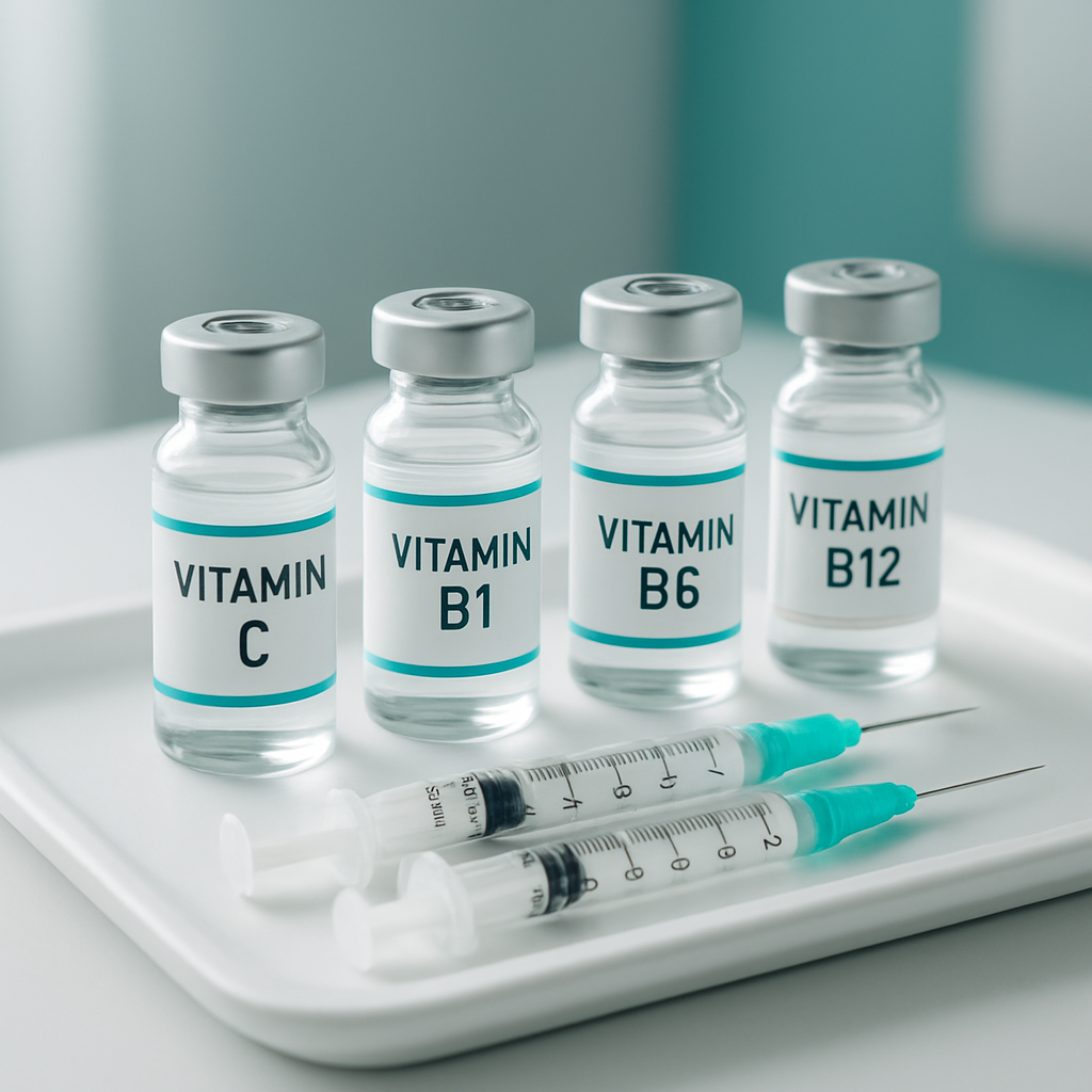 Vitamin injection vials on a tray