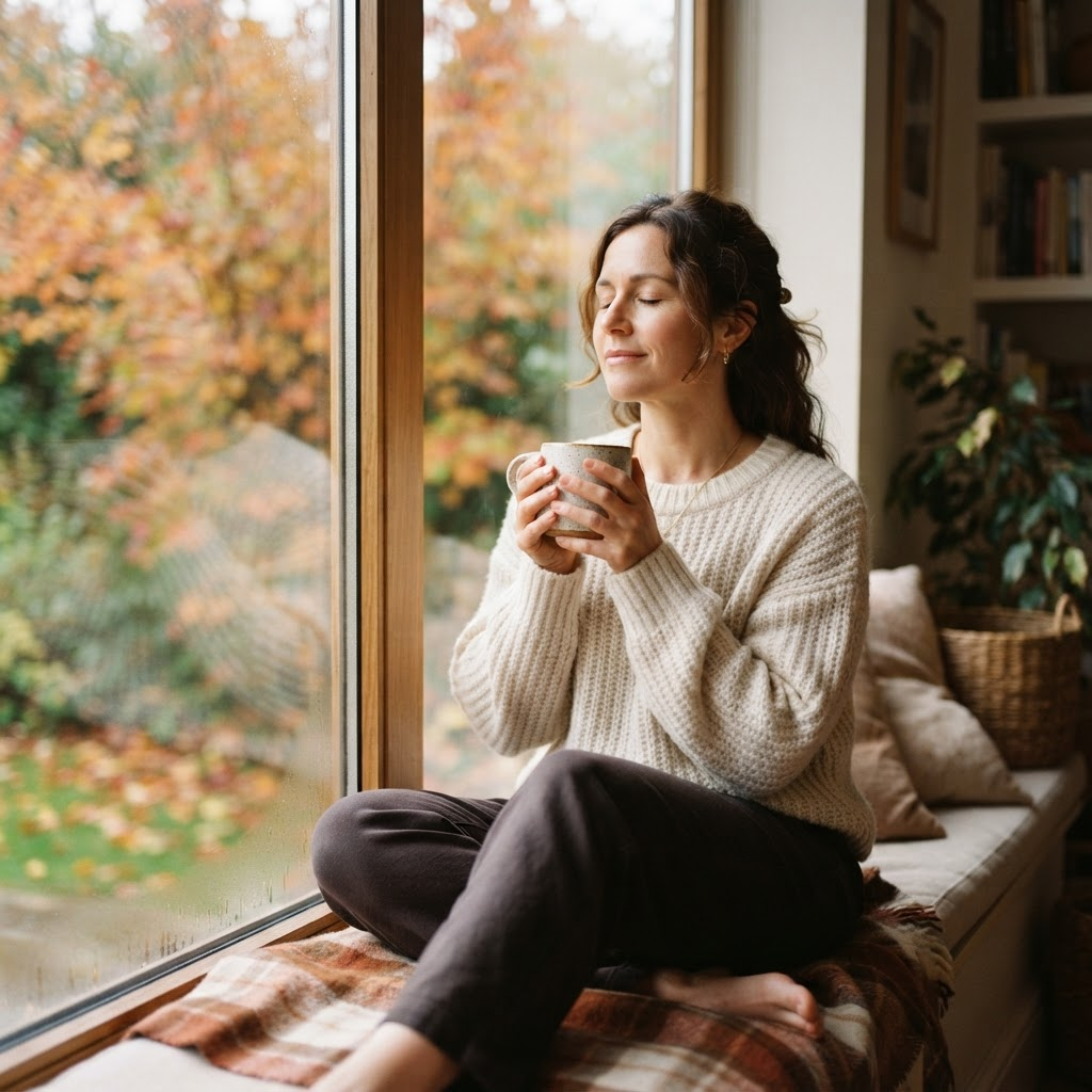 Woman relaxing in a cozy sweater with a warm drink by a window on a crisp autumn day, taking a moment to slow down